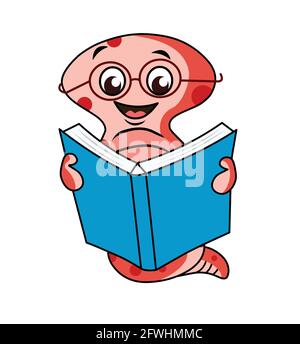 Book worm clipart Cartoon worm reading book illustration vector isolated on white background Stock Vector