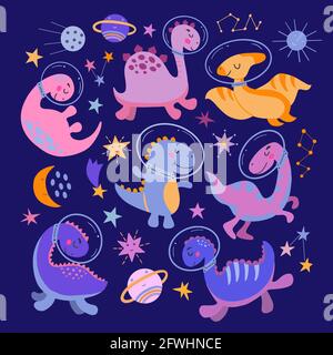 Set of cute cartoon dinosaurs in space. Vector graphics on a dark blue background. Bright childish image for the design of covers of notebooks Stock Vector