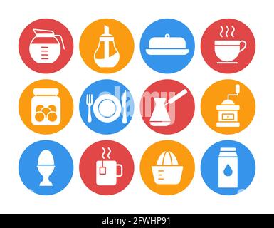 Breakfast and kitchen vector icon white glyph set. Graph symbol for cooking web site and apps design, logo, app, UI Stock Vector