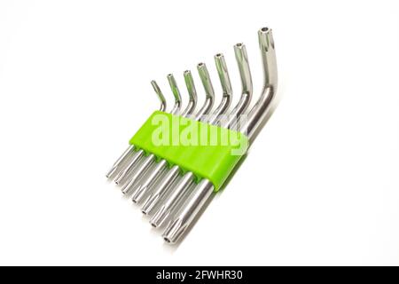 sets of hex keys on white background, chromed steel key set Stock Photo