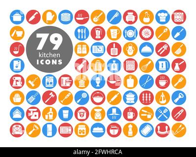 Cooking and kitchen vector white glyph icons set. Graph symbol for cooking web site design, logo, app, UI Stock Vector