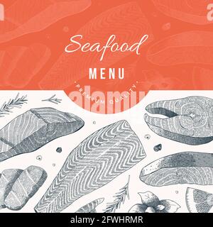 Seafood restaurant menu design with label, vector template with salmon hand drawn ink illustration, modern cover design, black and white vintage art Stock Vector
