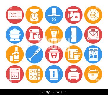Kitchen appliances electronic electrical equipment tool vector icon white glyph set. Graph symbol for cooking web site and apps design, logo, app, UI Stock Vector