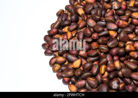 ripe pine nuts scattered on a white background Stock Photo