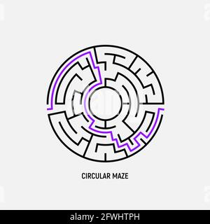 Circle maze vector labyrinth game. Round puzzle circular maze with solution. Complex labyrunth pattern Stock Vector