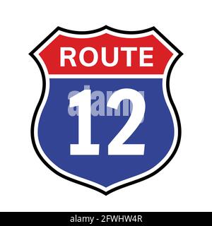 12 route sign icon. Vector road 12 highway interstate american freeway us california route symbol Stock Vector