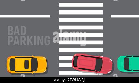 Bad parking car top view. Wrong parking area traffic road rules, flat vector car Stock Vector