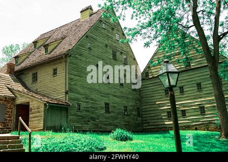 Ephrata, PA, USA - May 11, 2021: Buildings at the Ephrata Cloister grounds and historic area in Lancaster County, PA. Stock Photo