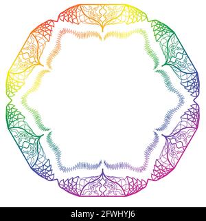 Frame hand drawn outline of mandala design with rainbow, pride colors on white background for framing, framed. Stock Photo