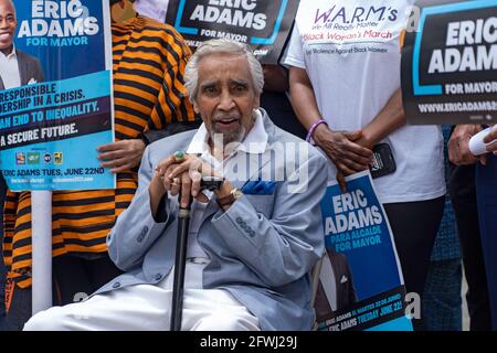 NEW YORK, NY - MAY 22: Former U.S. Congressman Charles Rangel speaks at a 'Fathers in Harlem' rally in support of Eric Adams mayoral campaign in Harlem on May 22, 2021 in New York City. Credit: Ron Adar/Alamy Live News Stock Photo