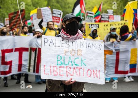 London, UK. 22 May, 2021. An activist wearing a keffiyeh and holding a sign reading Palestinians for Black Liberation takes part in the National Demonstration for Palestine. It was organised by pro-Palestinian solidarity groups in protest against Israel's recent attacks on Gaza, its incursions at the Al-Aqsa mosque and its attempts to forcibly displace Palestinian families from the Sheikh Jarrah neighbourhood of East Jerusalem. Credit: Mark Kerrison/Alamy Live News Stock Photo