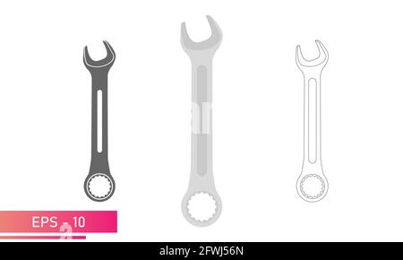 Set, Combination wrench for nuts. Linear, solid and realistic design. On a white background. Tools for an auto mechanic. Flat vector illustration. Stock Vector