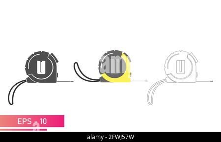 Set, Measuring tape with a flexible strap and a clip on the belt. Linear, solid and realistic design. On a white background. Tools for workers. Flat Stock Vector
