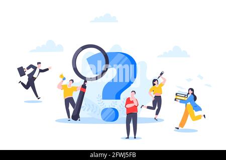 Q and A or FAQ concept with tiny people characters, big question mark, frequently asked questions template. Stock Vector