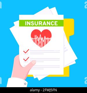 Hand hold medical insurance claim form with file paper sheets flat style design vector illustration. Stock Vector
