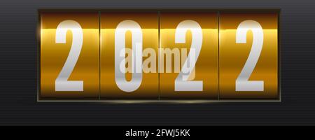 White numbers 2022 on golden background. Mechanical scoreboard. Realistic mechanical counter. Vector illustration. Stock Vector