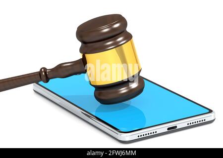 Gavel hammer and mobile phone, 3D rendering Stock Photo