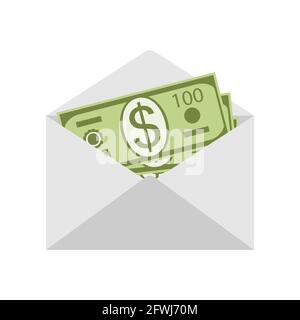 Dollars in an envelope. Money in a mail envelope isolated on a white background. Salary in an envelope, a financial gift. Stock Vector