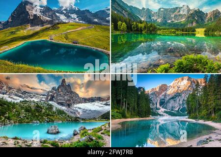 Collage of famous and beautiful mountain lakes in the Alps. Fallbodensee lake, Switzerland, Fusine lake, Sorapis lake and Braies lake, Italy Stock Photo