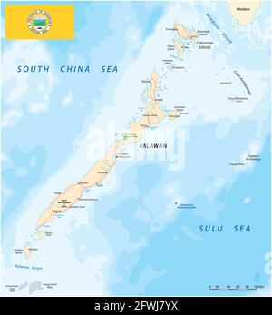 Vector map of west philippine island of Palawan with flag Stock Vector