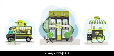 Vegan vector set. Vegan Restaurant exterior. Flat design of facade. Street food truck with vegetarian food. Illustration of a city street. Healthy Stock Vector