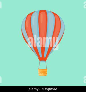 Red and blue striped hot air balloon with basket isolated turquoise background. Hot air balloon for outdoor travel.Cartoon style.Adventure tourism. Stock Vector