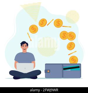Make money online concept. Man with laptop work. Vector illustration in flat style Stock Vector