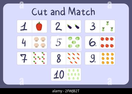 Flash cards with numbers for kids, set 3. Cut and match pictures with numbers and fruits. Illustration for educational math game design. Printable worksheet. Cartoon vector template. Stock Vector