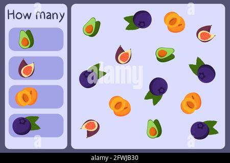 Kids mathematical mini game - count how many fruits - avocado, fig, apricot, blueberry. Educational games for children. Cartoon design template on colorful backdrop. Vector graphic. Stock Vector
