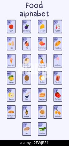 Colorful food alphabet A to Z. Vector illustration template. Food themed cards for teaching with foods, vegetables, fruits, nuts. Collection 6. Stock Vector