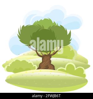 Olive tree. Green rural landscape with hills and hills. Flat cartoon style. The illustration is isolated on a white background. Vector Stock Vector