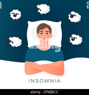 Man trying to fall asleep counting sheep. Insomnia cause of mental problems, insomniac ideas. Vector illustration in flat style Stock Vector