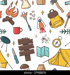 Camping and hiking elements seamless pattern. Vector illustration in hand drawn simple style Stock Vector