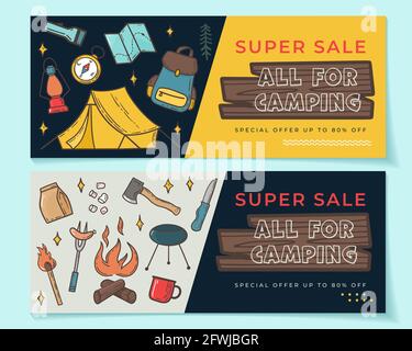 Seasonal banner set with camping elements. Vector illustration in hand drawn style Stock Vector