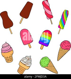 Set of hand-drawn ice-creams. Design sketch element for menu cafe, bistro, restaurant, label and packaging. Vector isolated colorful illustration. Stock Vector