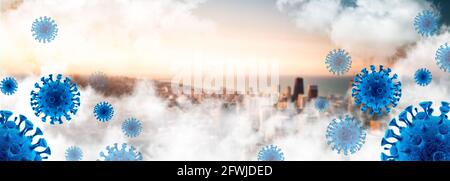 Abstract 3D illustration with Covid-19 molecules floating in the sky over city background.Abstract 3D illustration with Covid-19 molecules floating Stock Photo