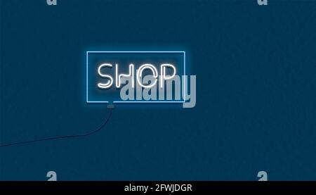 Glowing neon sign SHOP over dark blue background. (Illustration) Stock Photo