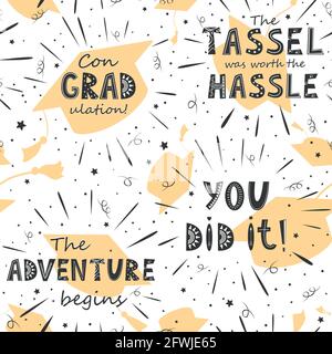 Graduation seamless pattern with flying hats and inspirational lettering. Black and golden vector background for graduation party or ceremony Stock Vector