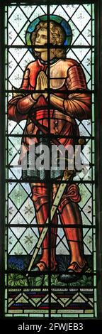 Bloxham Church Oxfordshire, Stained glass by Henry Dearle depicting Joan of Arc Stock Photo