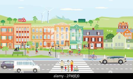 City with houses in the suburb - illustration, vector, Stock Vector