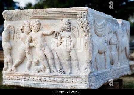 Sarcophagus among the ruins of the Basilica and cemetery of Manastirine in the ancient Roman city of Salona, near Split, Croatia. Stock Photo
