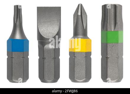 Mechanics tools isolated on white background.  Macro shot mechanics tools isolated. Working tools and bits. Screwdriver metal bits isolated. Stock Photo