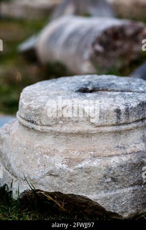 Fallen columns in the ruins of the Basilica and cemetery of Manastirine in the ancient Roman city of Salona, near Split, Croatia. Stock Photo