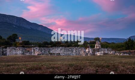 Ruins of the Basilica and cemetery of Manastirine in the ancient Roman city of Salona, near Split, Croatia, at night Stock Photo