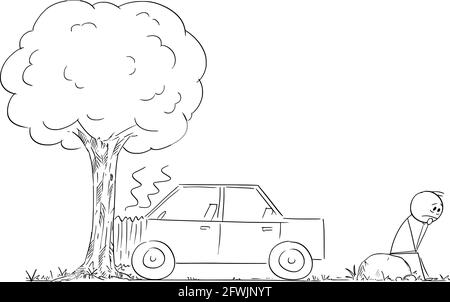 Car Crash Accident into Tree, Frustrated and Depressed Driver Is Waiting for Assistance, Vector Cartoon Stick Figure Illustration Stock Vector