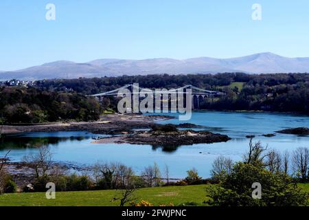 Looking over and down the Menai Strait and suspension bridge North Wales Stock Photo