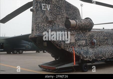 An RAF CH-47C Chinook in Desert Storm camouflage on static display at the 1991 Mildenhall Air Fete. Stock Photo