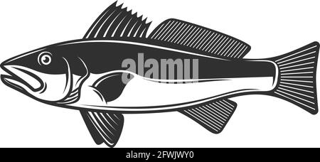 Illustration of zander fish in black and white style. Design element for poster, card, banner, sign, logo. Vector illustration Stock Vector
