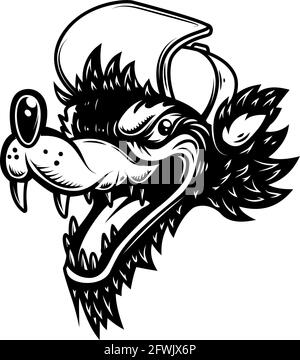 Illustration of cartoon wolf in baseball cap. Design element for poster, card, banner, sign, logo. Vector illustration Stock Vector