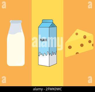 Set of dairy products including a bottle and a box of milk, and cheese. Colorful flat design. Stock Vector